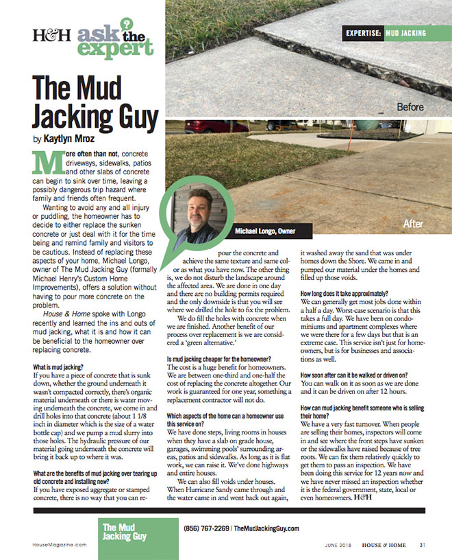 The Mudjacking Guy | Ask the Expert | H&H magazine article | June 2018